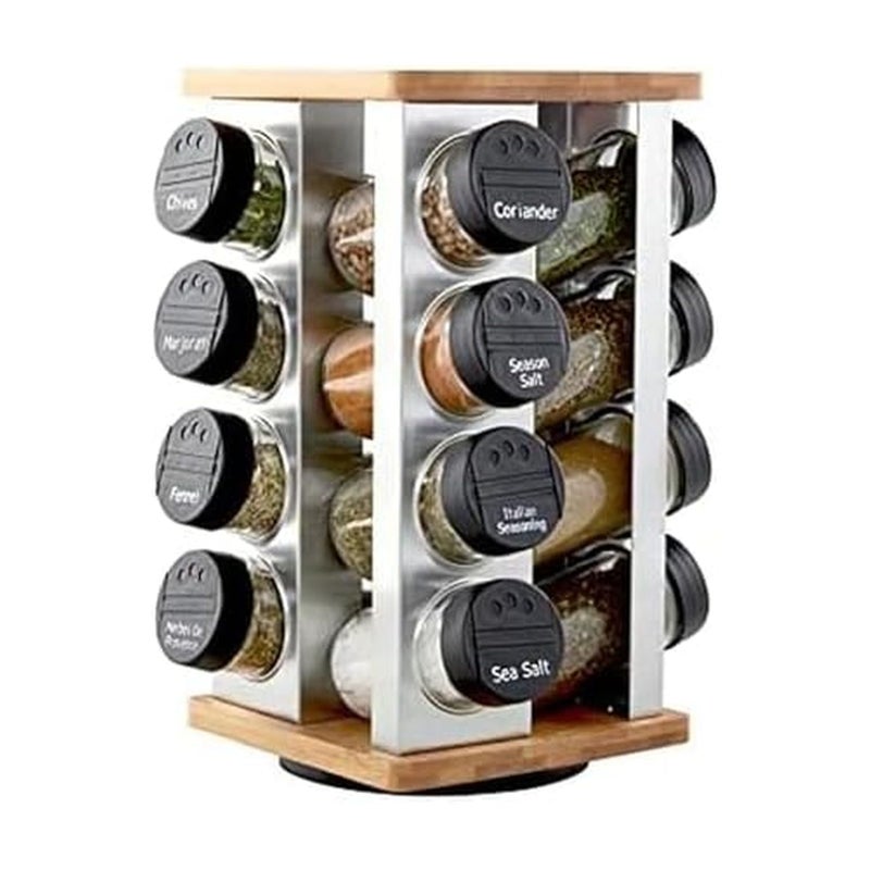 Kamenstein 16 Jar Warner Revolving Countertop Spice Rack Organizer with Lift & Pour Caps and Spices Included, FREE Spice Refills for 5 years, Stainless Steel & Bamboo with Black Caps - Image 1